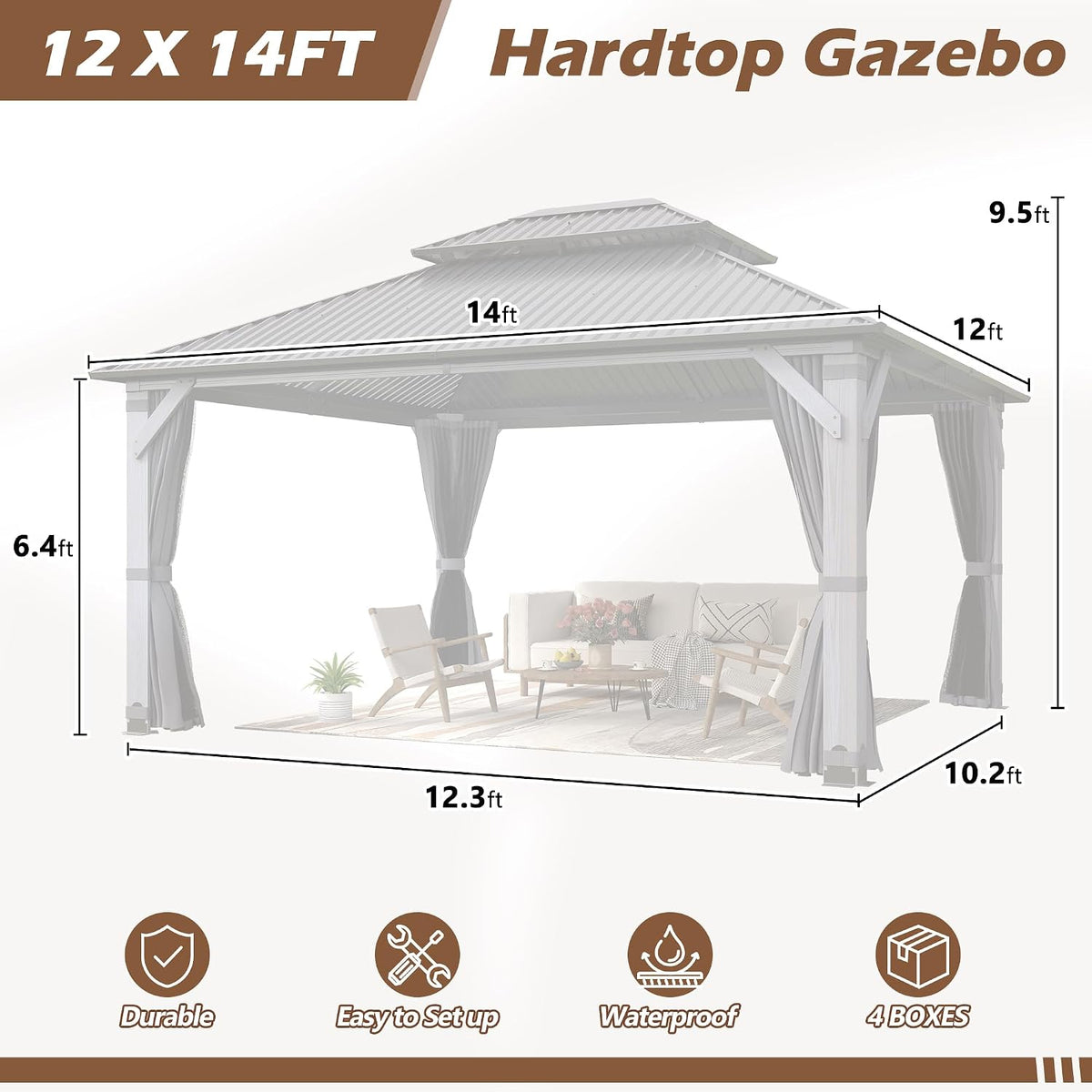 12x14 Ft Wood Hardtop Gazebo with Netting & Curtains — product view 9
