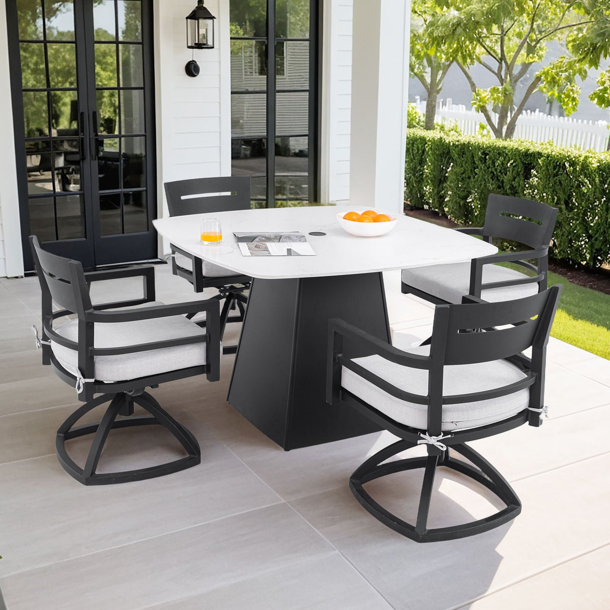 Outdoor Patio Dining Set, Squircle Dining Table, Dining Chairs With Sunbrella Cushions