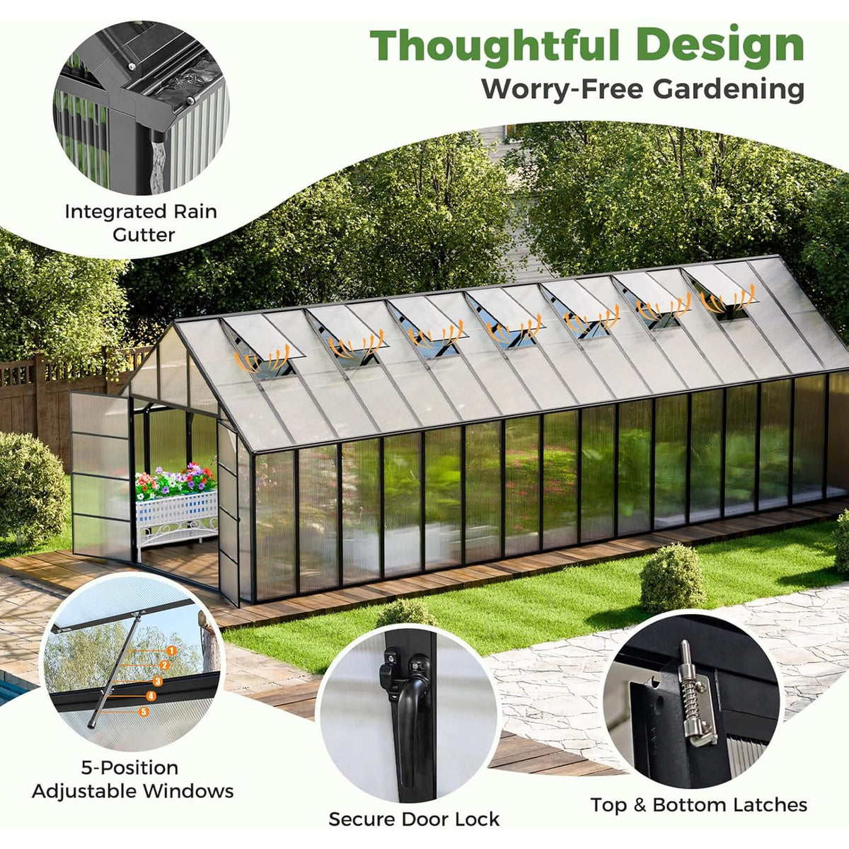 [10X32FT] Heavy-Duty Outdoor Aluminum Polycarbonate Greenhouse With Roof Vents And Swing Doors, 4MM (SAK10483)