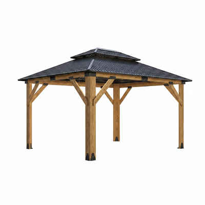 11x13 Ft Cedar Wood Hardtop Gazebo – Galvanized Steel Double Roof
