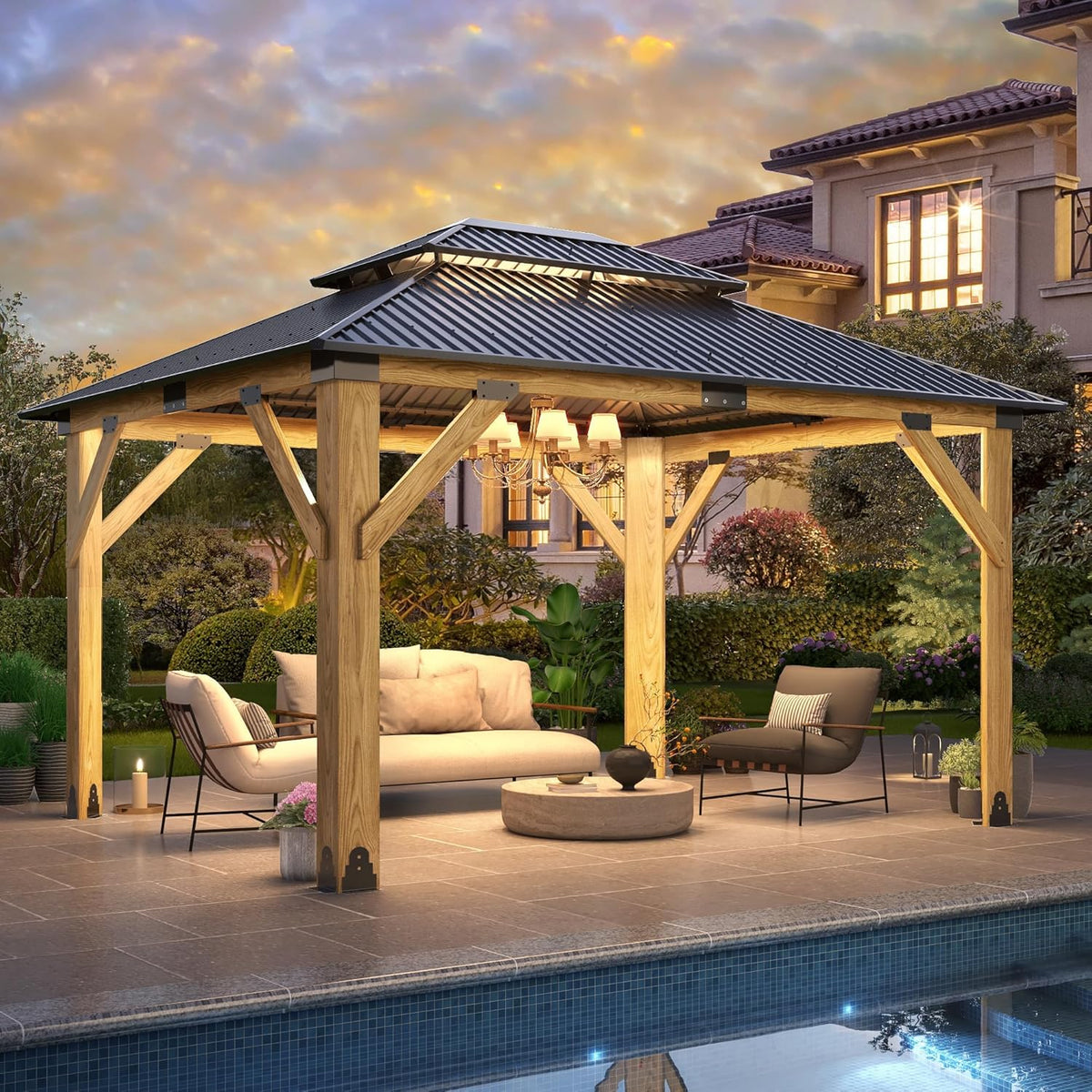 11x13 Ft Cedar Wood Hardtop Gazebo – Galvanized Steel Double Roof — product view 2