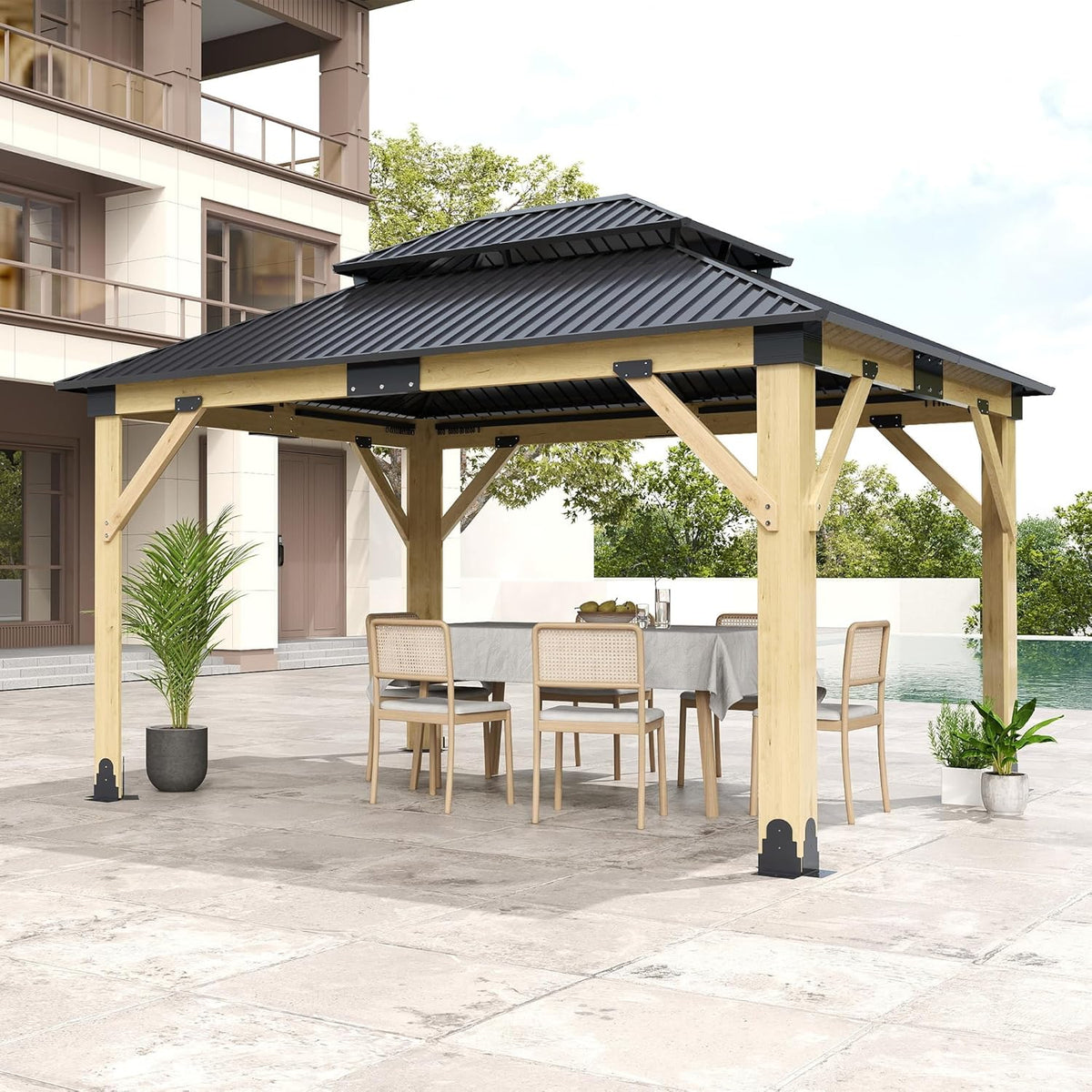 11x13 Ft Cedar Wood Hardtop Gazebo – Galvanized Steel Double Roof — product view 3
