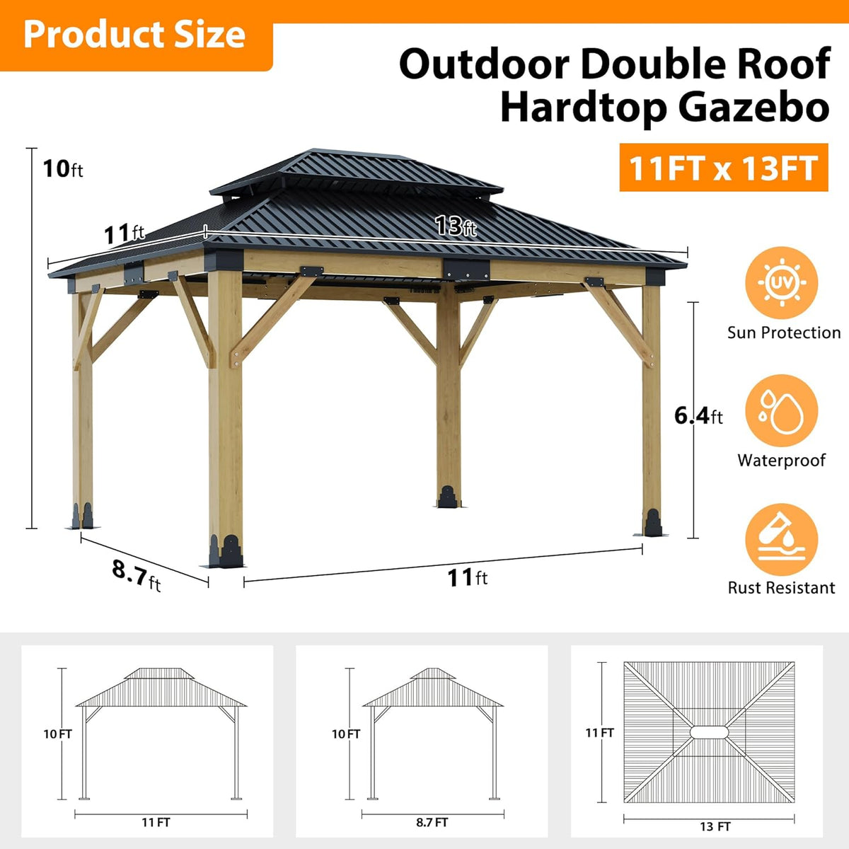 11x13 Ft Cedar Wood Hardtop Gazebo – Galvanized Steel Double Roof — product view 7
