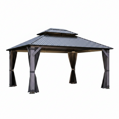 12x14 Ft Wood Hardtop Gazebo with Netting & Curtains