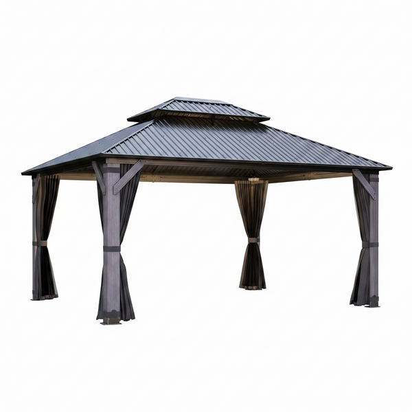 12x14 Ft Wood Hardtop Gazebo with Netting & Curtains