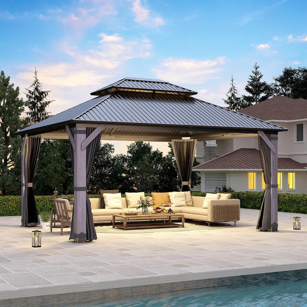 12x14 Ft Wood Hardtop Gazebo with Netting & Curtains