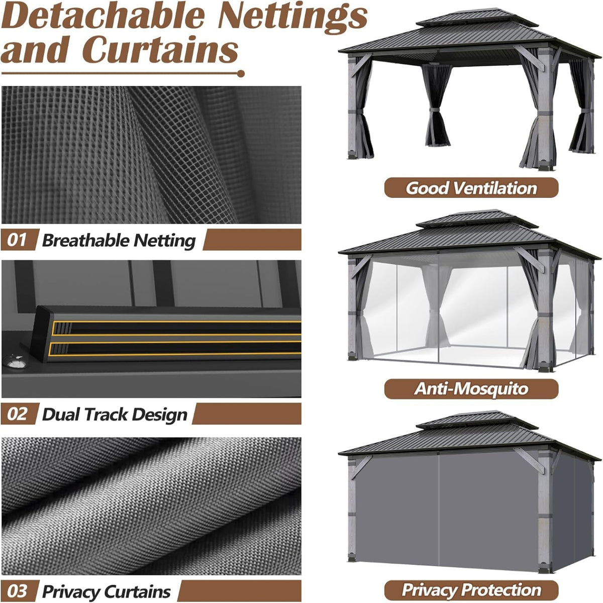 12x14 Ft Wood Hardtop Gazebo with Netting & Curtains — product view 7