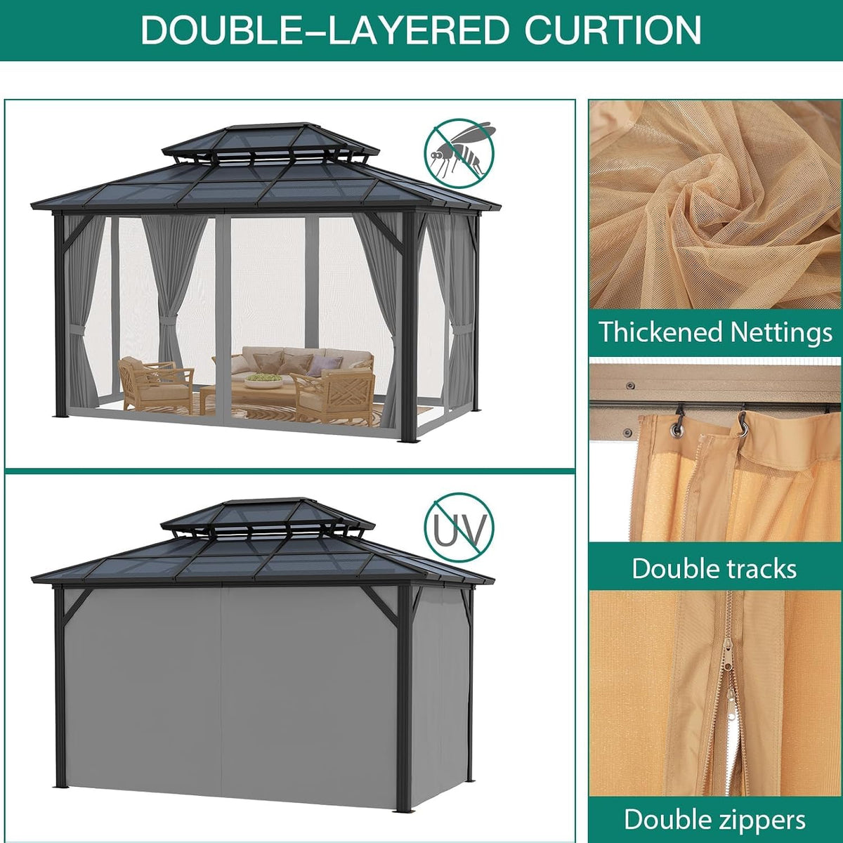 10x12 Ft Aluminum Hardtop Gazebo with Polycarbonate Double Roof — product view 5