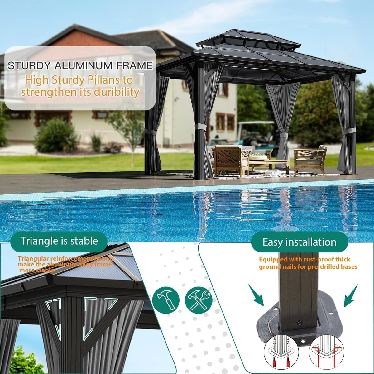 10x12 Ft Aluminum Hardtop Gazebo with Polycarbonate Double Roof — product view 6