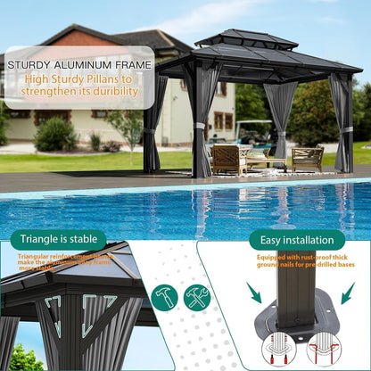 10x12 Ft Aluminum Hardtop Gazebo with Polycarbonate Double Roof — product view 6