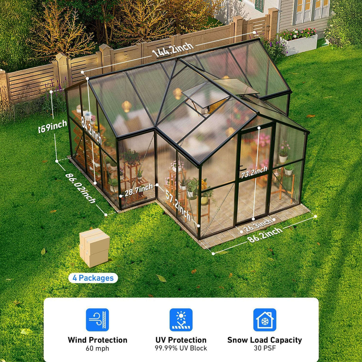 [12X12FT] Premium T-Shape Polycarbonate Greenhouse With UV Protection And Aluminum Frame (SAK27460)