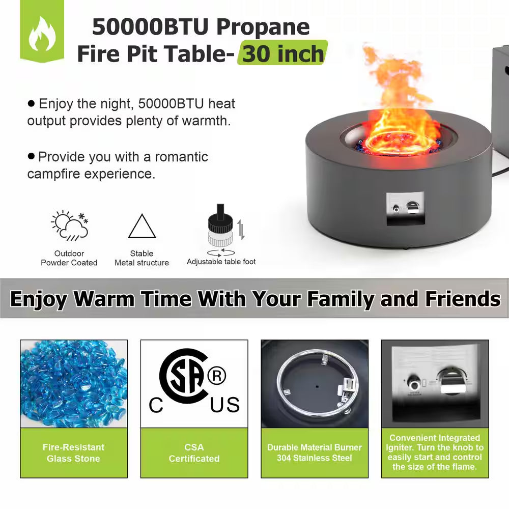 30 In. Round Propane Fire Pit Table 50,000 BTU – Gray with Lid & Rocks — product view 6