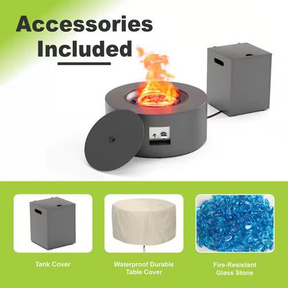 30 In. Round Propane Fire Pit Table 50,000 BTU – Gray with Lid & Rocks — product view 7