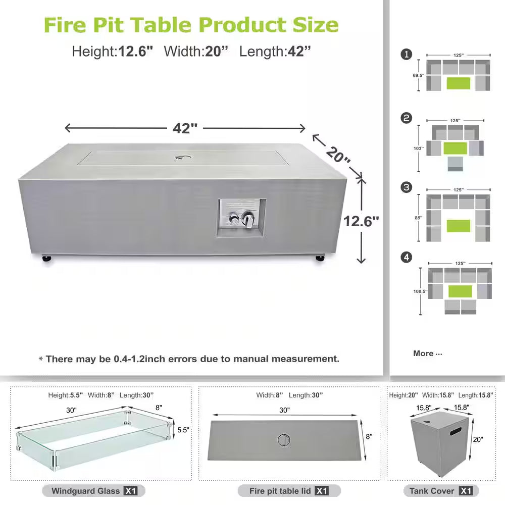 42 In. Rectangle Propane Fire Pit Table 50,000 BTU – Gray with LED — product view 6