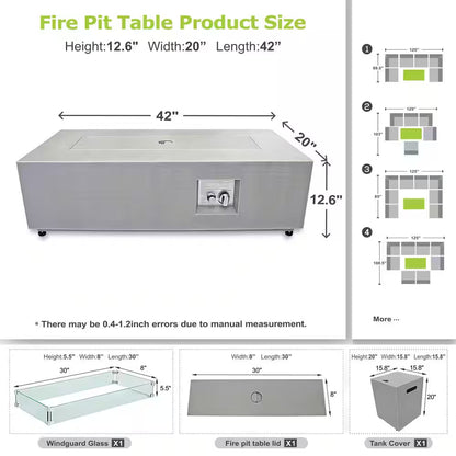 42 In. Rectangle Propane Fire Pit Table 50,000 BTU – Gray with LED — product view 6
