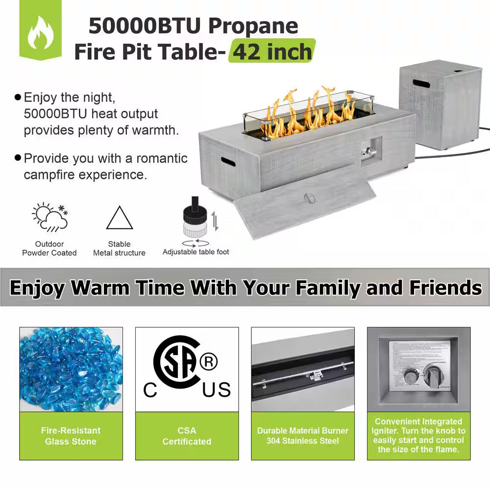 42 In. Rectangle Propane Fire Pit Table 50,000 BTU – Gray with LED — product view 8