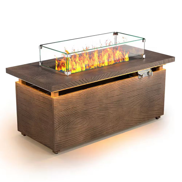 51 In. Rectangular Propane Fire Pit Table – Brown Wood Grain Metal Top