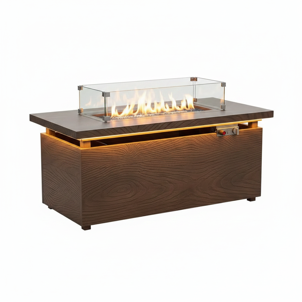 51 In. Retangular Fire Pit Table with Metal Table Top Outdoor Fire Pit Table in Brown Wood Grain — product view 2