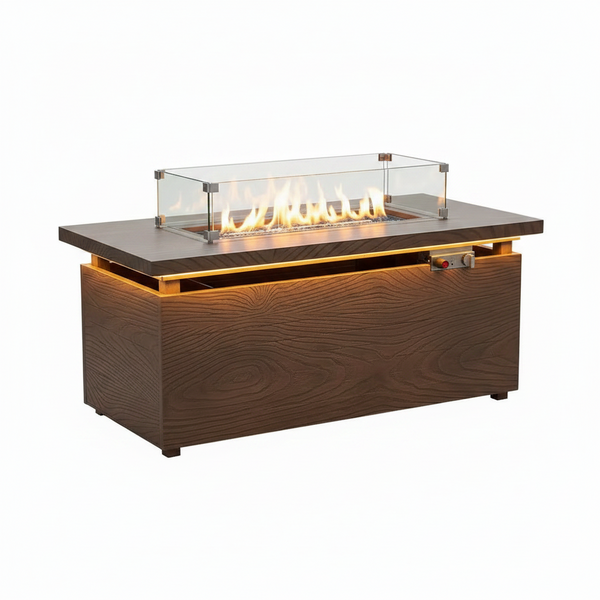 51 In. Rectangular Propane Fire Pit Table – Brown Wood Grain Metal Top