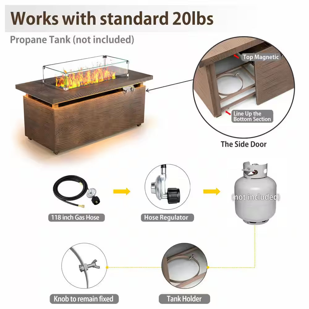 51 In. Rectangular Propane Fire Pit Table – Brown Wood Grain Metal Top — product view 4