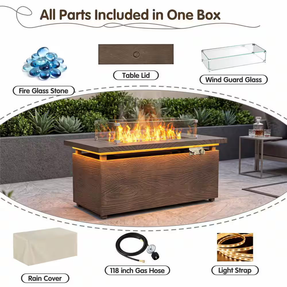 51 In. Rectangular Propane Fire Pit Table – Brown Wood Grain Metal Top — product view 5