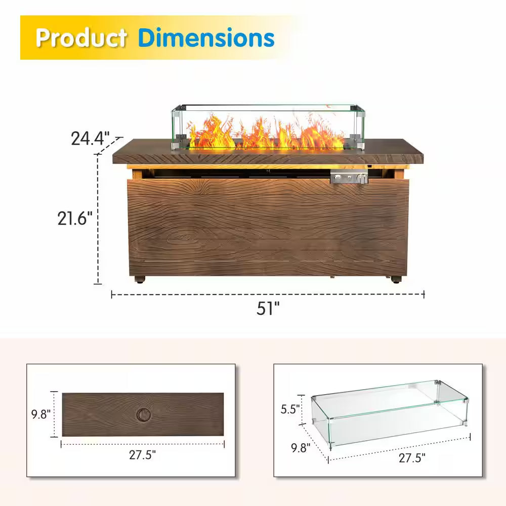 51 In. Rectangular Propane Fire Pit Table – Brown Wood Grain Metal Top — product view 6