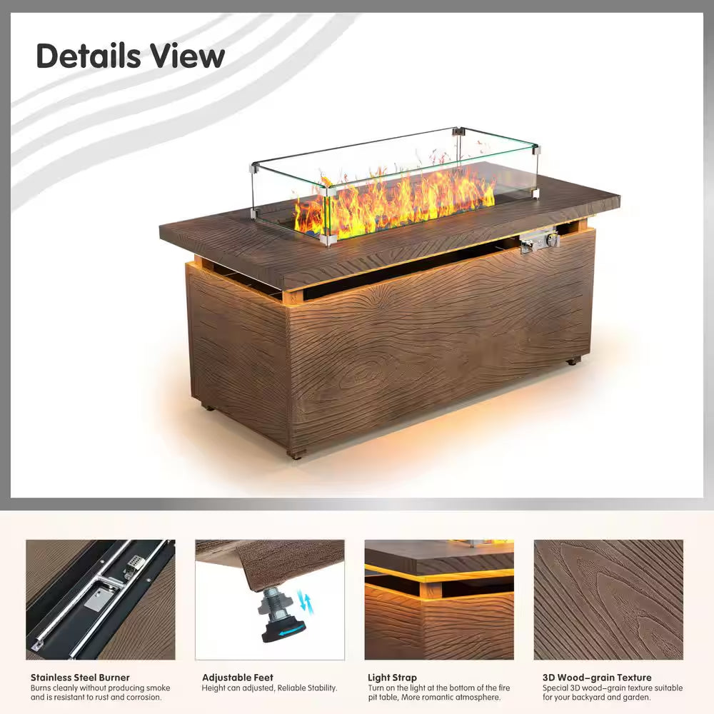 51 In. Rectangular Propane Fire Pit Table – Brown Wood Grain Metal Top — product view 9