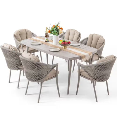 7-Piece Aluminum Outdoor Dining Set with Rope Chairs & Beige Cushions