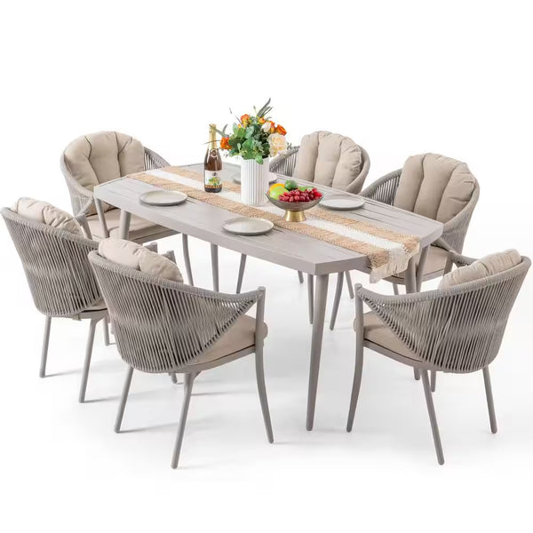 7-Piece Aluminum Outdoor Dining Set with Rope Chairs & Beige Cushions