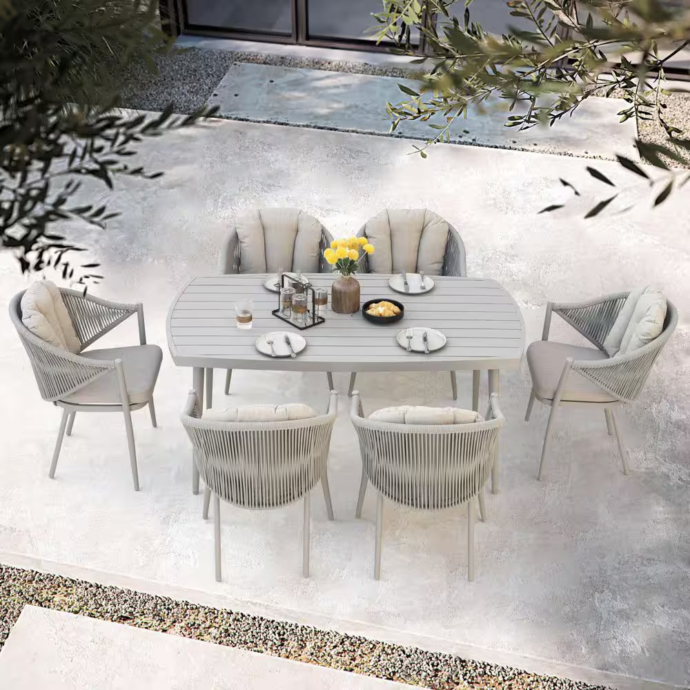 7-Piece Aluminum Outdoor Dining Set with Rope Chairs & Beige Cushions — product view 3