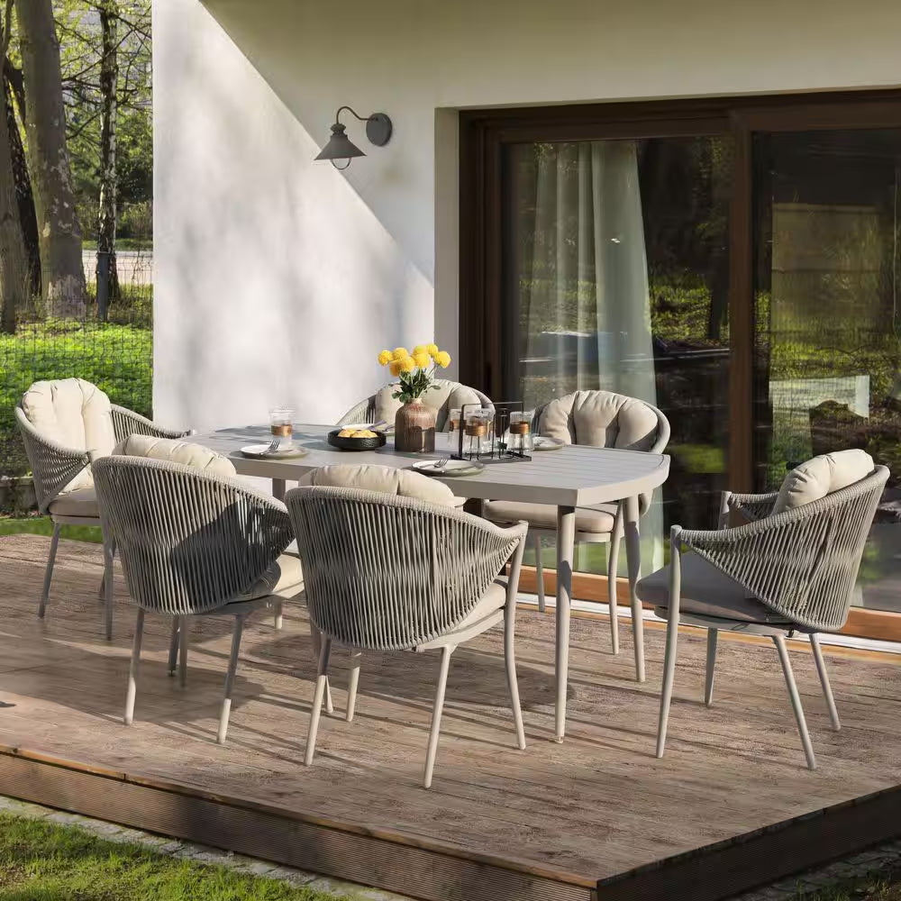 7-Piece Aluminum Outdoor Dining Set with Rope Chairs & Beige Cushions — product view 4