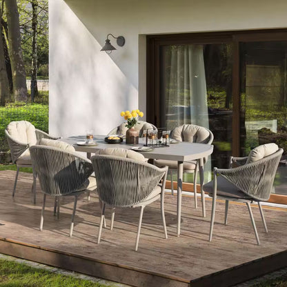 7-Piece Aluminum Outdoor Dining Set with Rope Chairs & Beige Cushions — product view 4