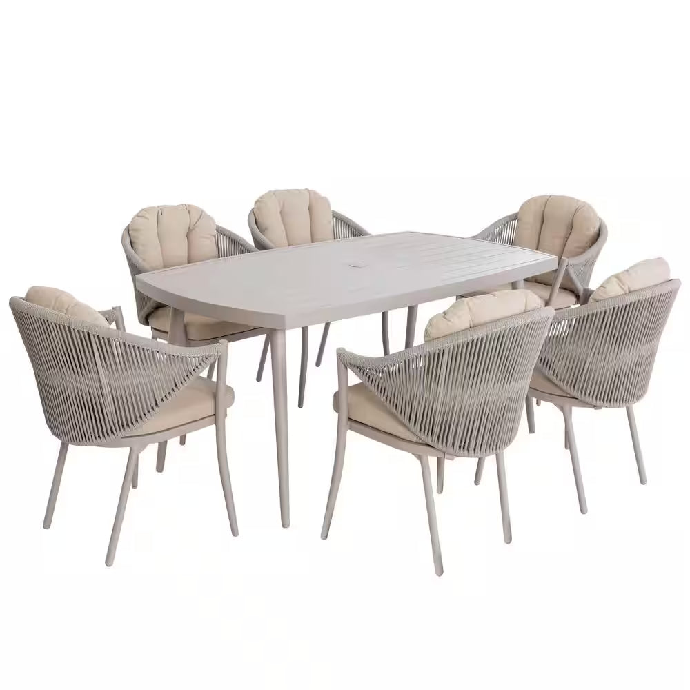 7-Piece Aluminum Outdoor Dining Set with Rope Chairs & Beige Cushions — product view 5