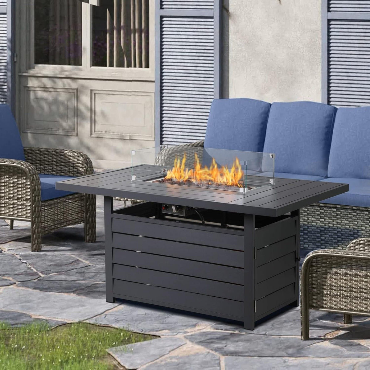 Rectangular Propane Fire Pit Table With Burner, Lava Rock, Waterproof Cover