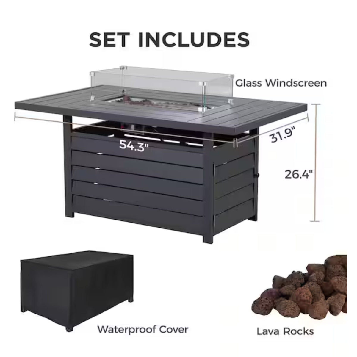 Rectangular Propane Fire Pit Table With Burner, Lava Rock, Waterproof Cover