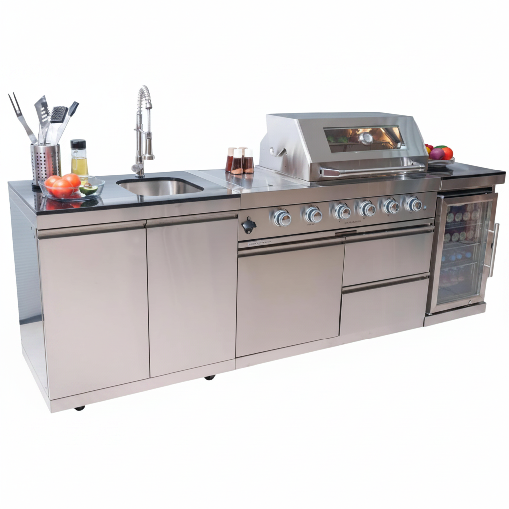 98" 4-Burner Stainless Steel Outdoor Kitchen Island with Fridge & Sink