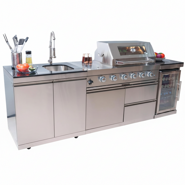 98" 4-Burner Stainless Steel Outdoor Kitchen Island with Fridge & Sink
