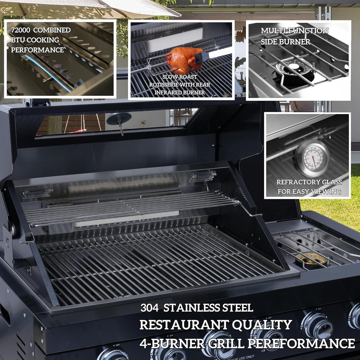 98" 4-Burner Stainless Steel Outdoor Kitchen Island with Fridge & Sink — product view 3