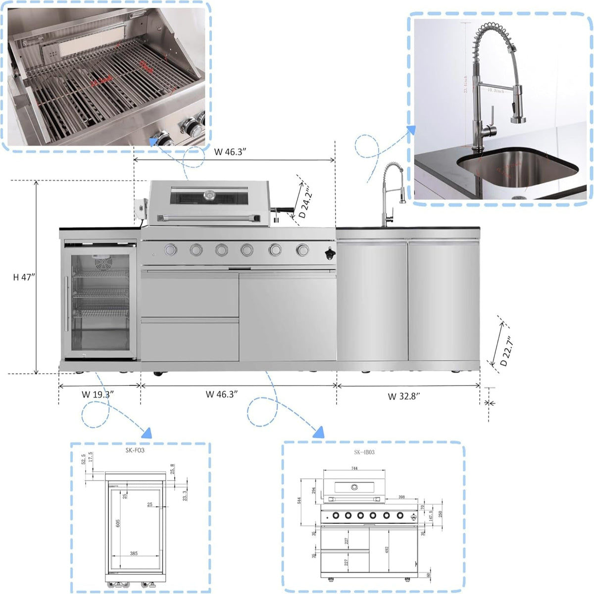 98" 4-Burner Stainless Steel Outdoor Kitchen Island with Fridge & Sink — product view 8