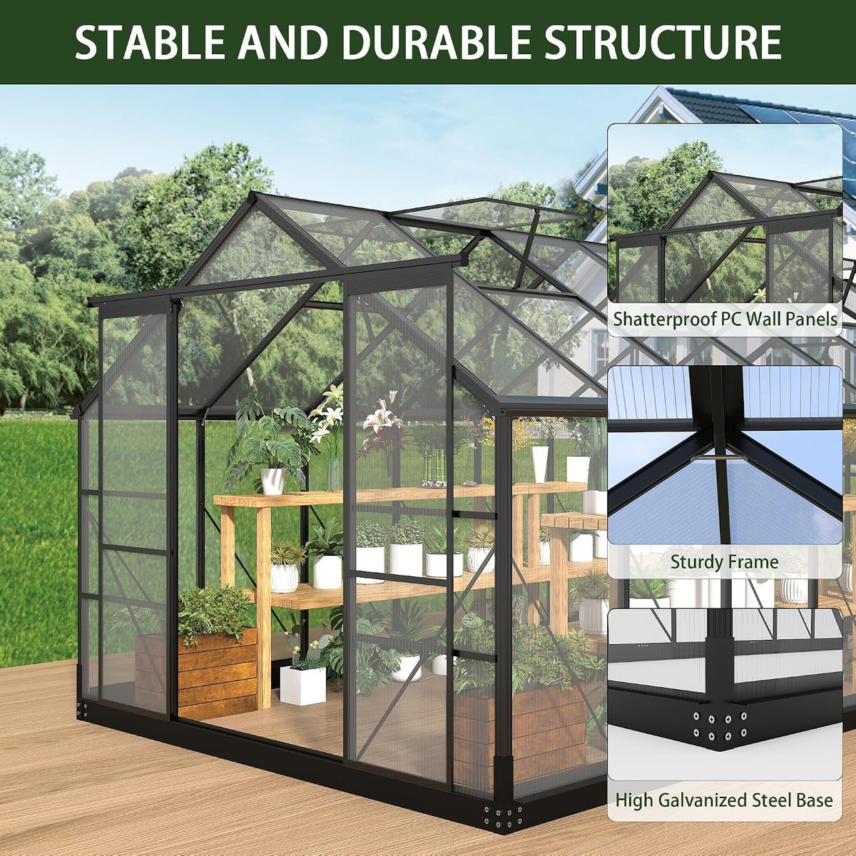 8x14.2 Ft Polycarbonate Walk-In Greenhouse – Aluminum Frame — product view 4