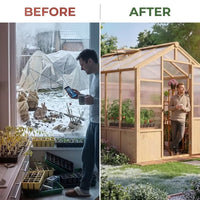 6X10 FT Wooden Greenhouse for Outdoor, Walk-In Greenhouse Kit with Ventilated Window & Lockable Door & Polycarbonate Panels, Large Wood Frame Green House for Garden, Backyard, Patio, Lawn, Plant — Before & After