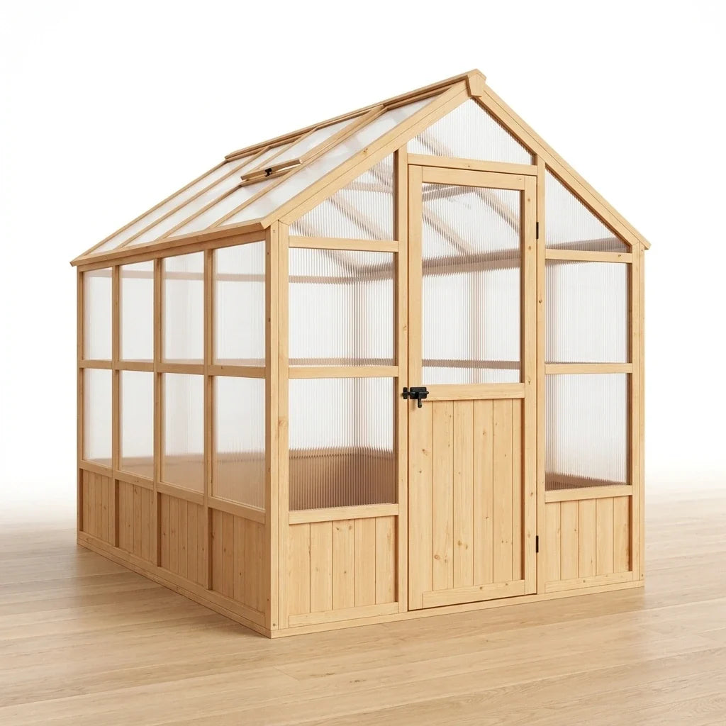 6X10 FT Wooden Greenhouse for Outdoor, Walk-In Greenhouse Kit with Ventilated Window & Lockable Door & Polycarbonate Panels, Large Wood Frame Green House for Garden, Backyard, Patio, Lawn, Plant — Studio Shot