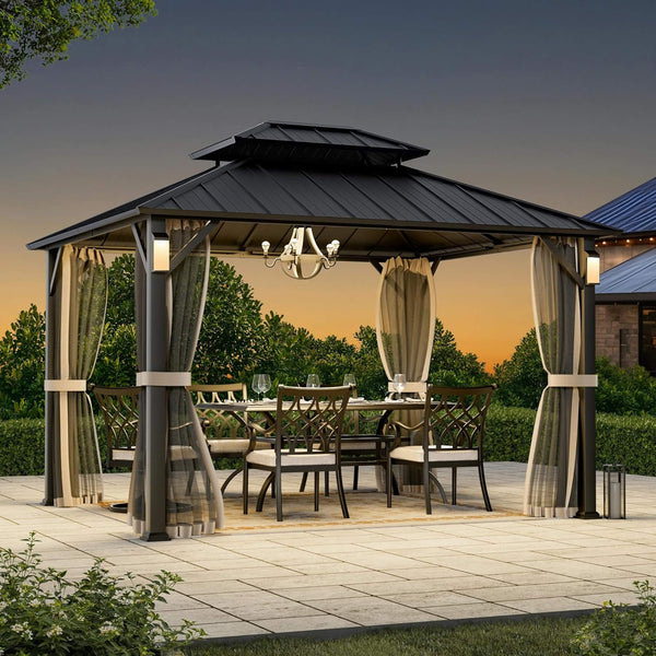 Alora Luxury Double Roof Hardtop Aluminum Gazebo With Decor Hooks, Mosquito Nettings, And LED Lights (SAK91824)
