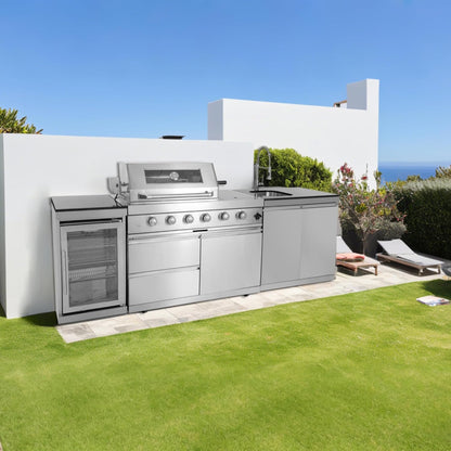 Modular Outdoor Kitchen BBQ Island, 104" Outdoor Kitchen Propane Gas Island Grill with Sink, Compact Refrigerator, Storage Cabinets, Rotisserie Kit (Silver, 104") — product view 2
