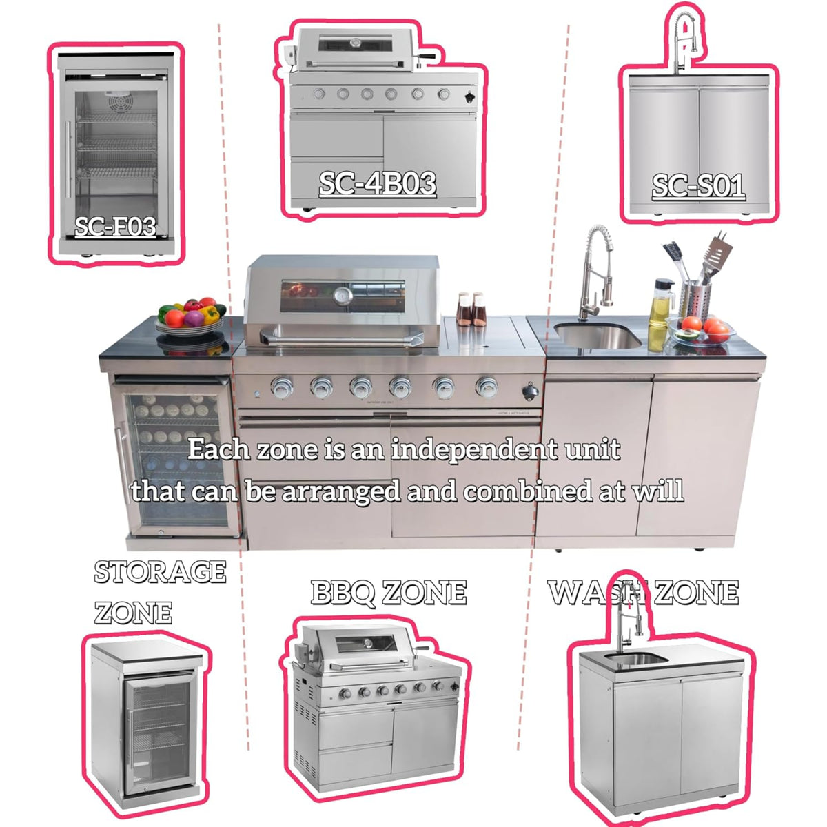 Modular Outdoor Kitchen BBQ Island, 104" Outdoor Kitchen Propane Gas Island Grill with Sink, Compact Refrigerator, Storage Cabinets, Rotisserie Kit (Silver, 104") — product view 3