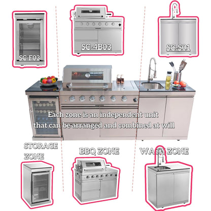 Modular Outdoor Kitchen BBQ Island, 104" Outdoor Kitchen Propane Gas Island Grill with Sink, Compact Refrigerator, Storage Cabinets, Rotisserie Kit (Silver, 104") — product view 3