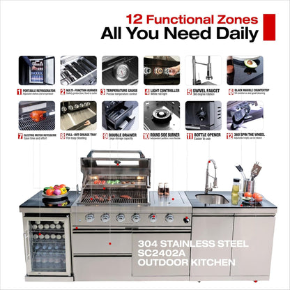 Modular Outdoor Kitchen BBQ Island, 104" Outdoor Kitchen Propane Gas Island Grill with Sink, Compact Refrigerator, Storage Cabinets, Rotisserie Kit (Silver, 104") — product view 7