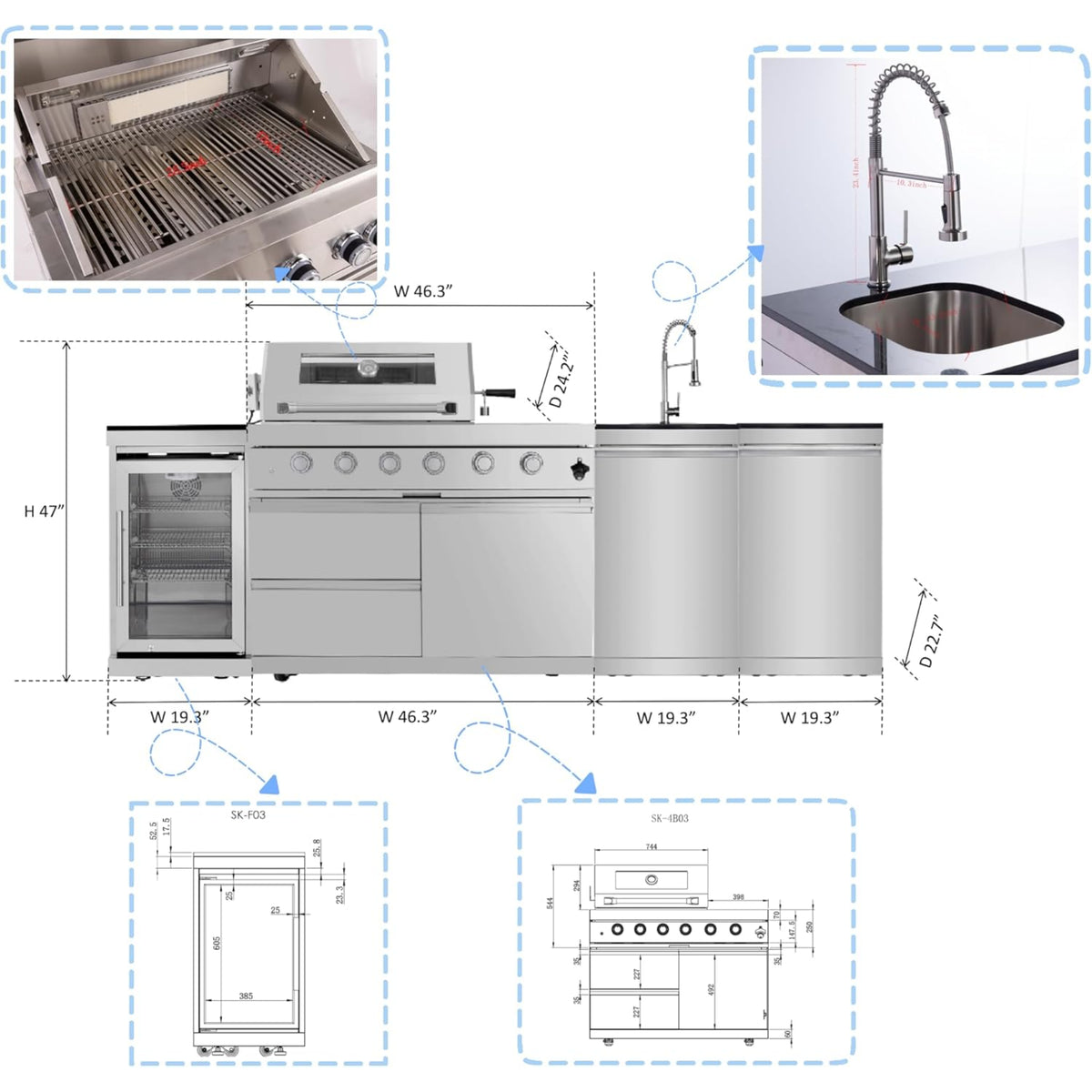 Modular Outdoor Kitchen BBQ Island, 104" Outdoor Kitchen Propane Gas Island Grill with Sink, Compact Refrigerator, Storage Cabinets, Rotisserie Kit (Silver, 104") — product view 9