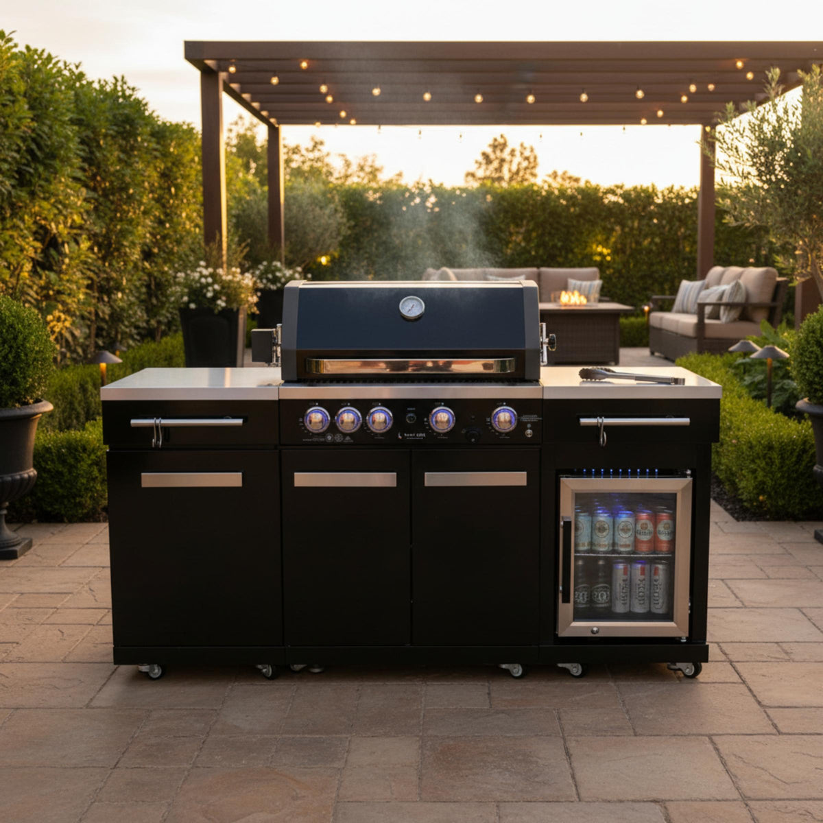 Premium 70" Black Stainless Steel Outdoor Kitchen Island with Refrigerator + 32"W 4-Burner BBQ Grill with Rear Burner — product view 2