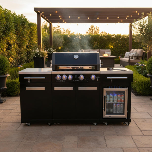 70" Black Stainless Steel Outdoor Kitchen Island with Refrigerator &